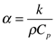 This figure consists of an equation that reads alpha (lowercase) equals k divided by the quantity rho (lowercase) multiplied by C subscript p, end subscript, end quantity.