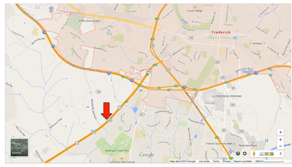 This figure consists of a map showing the general location of the project site. The map shows an area just south of Frederick, MD, where Interstate 70 comes in from the northwest, US Highway 40 comes in from the east, US Highway 340 and Interstate 5 come in from the southwest and Interstate 270 come in from the south-southeast. Just west of the intersection of Interstate 70 and US Highways 340 and 15 is a bubble depicting the location of the project site.