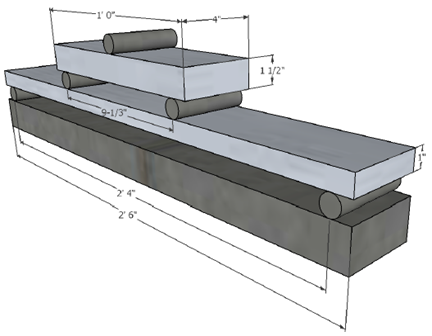(1 inch = 25.4 mm; 1 ft = 0.305 m.) This drawing shows the setup and dimensions for the four-point bending test. At the bottom is a rectangular beam that has a length of 2 ft 6 inches. On top of this are two rollers that are placed 1 inch from the outside edges, resulting in a distance of 2 ft 4 inches between them. On top of the rollers is another rectangular beam that is the same length as the original rectangular beam and that has a thickness of 1 inch. Two rollers are placed on this rectangular beam in the center with a distance of 9-1/3 inches between them. A third rectangular beam is placed on these rollers. The dimensions of this beam are 1 ft long, 4 inches wide, and 1.5 inches deep. A roller is placed on the center of this beam.