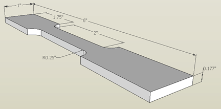 (1 inch= 25.4mm.) This drawing provides the dimensions of the dogbone specimen. The specimen consists of two rectangular beams on each end that are 1 inch wide, 1.75 inches long, and 0.177 inches deep. These are connected by a rectangle that is 2 inches long and connects at RO. 25 inches. The total length of the specimen is 6 inches.