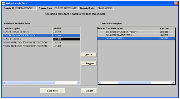 This screen image shows the assigning of sample tests in the SiteManager Laboratory Inventory Management System. The window is labeled Assign Sample Tests. At the top of the screen are boxes where Sample ID, Sample Type, and Material Code are entered. Below this is a statement that reads Assigning tests to the sample will lock the sample. Below this there are two sides to the screen, left and right. The left side of the screen is labeled Additional Available Tests and has two columns labeled Test Description and Lab Unit. There are several options from which to select. The right side of the screen is labeled Tests to be Assigned and has two columns labeled Number and Test Description. Three types of test descriptions are listed: concrete cylinder strength, concrete plastic tests, and concrete cores. Two buttons between the two sides read, Add and Remove. The Add button is pointing to the right side of the screen, and the Remove button is pointing to the left side of the screen. At the bottom of the screen are two buttons labeled Save Tests and Cancel.