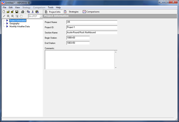 Figure 2. Screen Capture. Project Information input window under the Project Info tab. Inputs for the Project Information window are shown to the right of a table of contents, where Project Information is highlighted. Each input has a text field showing example data. The fields are as follows: Project Name, Project ID, Section Name, Begin Station, End Station, and Comments.