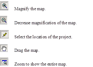 Figure 3. Screen Capture. Icons for navigation tools in the Geography window. Icons for the choices of navigation options within the Geography window are shown. Icons are described as follows: Magnify the map, Decrease magnification of the map, Select the location of the project, Drag the map, and Zoom to show the entire map.