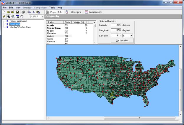 Figure 4. Screen Capture. The Geography window showing a project location and the nearest weather stations (Austin, TX). The Geography window is shown to the right of a table of contents, where Geography s highlighted. The lower portion of the Geography window shows a map of the United States. Locations are marked with red dots. Selected locations are yellow dots. The top right of the window displays information for the Selected Location. Latitude and Longitude are shown in degrees. Elevation is also shown, with selectable units. Example data is shown for the selected location, using feet as the elevation unit. Below the location information is the â€˜Set Locationâ€™ button. In the box above the map and to the left of the location information, the cities with weather stations nearest that location are indicated in bolded font. The three columns are titled Station, State, and Weight (%). In the sample, the first four rows are bold, but the remaining rows are not.