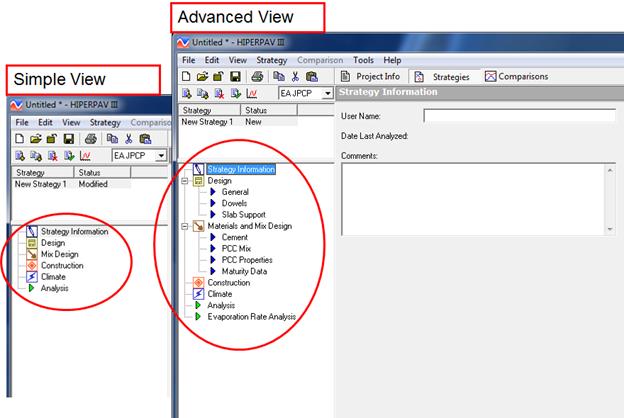 Figure 6. Screenshots. Comparison of Simple and Advanced Views.Left: Simple View. The table of contents includes Strategy Information, Design,Mix Design, Construction, Climate, and Analysis. Right: Advanced View. The table of contents includes the following top-level items: Strategy Information, Design, Materials and Mix Design, Construction, Climate, Analysis, and Evaporation Rate Analysis. If Design is expanded, General, Dowels, and Slab Support are listed. If Materials and Mix Design is expanded, Cement, PCC Mix, PCC Properties, and Maturity Data are listed.