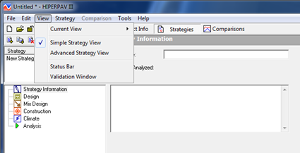 Figure 7. Screen Capture. Drop-down menu that appears beneath View in the main toolbar. The toolbar at the top of the HIPERPAV III window includes File, Edit, View, Strategy, Comparison, Tools, and Help. The View menu includes Current View, Simple Strategy View, Advanced Strategy View, Status Bar, and Validation Window. In the sample, a check mark indicates Simple Strategy View is selected. 