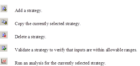 Figure 8. Screen Capture. Commands on the strategy toolbar. Icons provided on the strategy toolbar are presented. Icons are described as follows: Add a strategy, Copy the current strategy, Delete a strategy, Validate a strategy to verify that inputs are within allowable ranges, Run an analysis for the currently selected strategy.