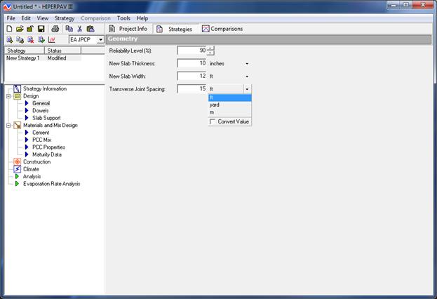 Figure 10. Screen Capture. Geometry input window under the General category. The Geometry window is shown to the right of the advanced table of contents, where General is highlighted under the Design section. Above the table of contents, a box lists the strategy and status. The Geometry window has inputs for Reliability Level (%), New Slab Thickness, New Slab Width, and Transverse Joint Spacing. The last three fields have selectable units. For example, Transverse Joint Spacing has a drop-down menu to select feet, yards, or meters. There is also a Convert Value checkbox.