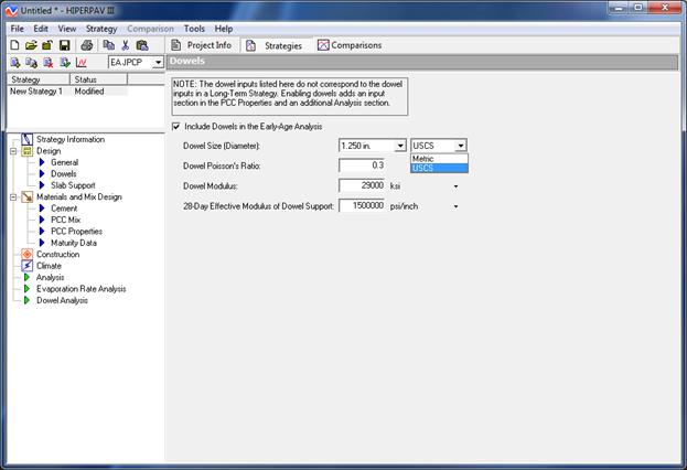 Figure 11. Screen Capture. Inputs for the Dowels window. The Dowels window is shown to the right of the advanced table of contents, where Dowels is highlighted under the Design section. Above the table of contents, a box lists the strategy and status. A note appears at the top of the Dowels window that reads as follows: NOTE: The dowel inputs listed here do not correspond to the dowel inputs in a Long-Term Strategy. Enabling dowels adds an input section in the PCC Properties and an additional Analysis section. Include Dowels in the Early-Age Analysis is selected using a checkbox. The other inputs include Dowel Size (Diameter), Dowel Poissonâ€™s Ratio, Dowel Modulus, and 28-Day Effective Modulus of Dowel Support. Drop-down menus list options for dowel size and units, with a choice between Metric or USCS. The moduli also have selectable units.