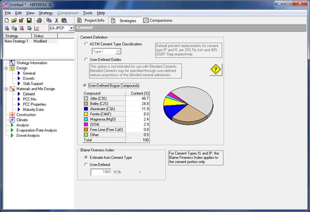 Figure 13. Screen Capture. Inputs for the Cement window. The Cement window is shown to the right of the advanced table of contents, where Cement is highlighted under the Materials and Mix Design section. Above the table of contents, a box lists the strategy and status. The first set of inputs is in the Cement Definition category. One option is ASTM Cement Type Classification. A note reads as follows: Default percent replacements for cement type IP and IS are 20% Fly Ash and 40% GGBF Slag respectively. The second option is User-Defined Oxides. A note reads as follows: This option is not intended for use with Blended Cements. Blended Cements may not be specified through user-defined mixture proportions of the blended mineral admixtures. An icon with a yellow diamond and question mark appears next to the note. The final option is User-Defined Bogue Compounds. A table lists various compounds and their content as a percent. Each compound is represented by a color that is also used to display the table data as a pie chart. The second category of inputs is the Blaine Fineness Index. This can be estimated from the cement type or user-defined. A note reads as follows: For Cement Types IS and IP, the Blaine Fineness Index applies to the cement portion only.