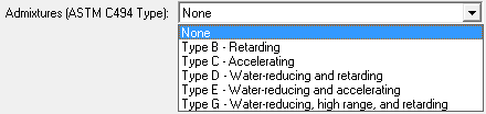 Figure 19. Screen Capture. List of available admixture types in the PCC Mix window. Options in the Admixtures (ASTM C494 Type) drop-down menu include None, Type B - Retarding, Type C - Accelerating, Type D - Water-reducing and retarding, Type E - Water-reducing and accelerating, or Type G - Water-reducing, high range, and retarding. 