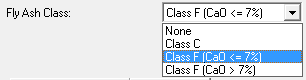 Figure 20. Screen Capture. Fly ash class drop-down menu. Options in the Fly Ash Class drop-down menu include None, Class C, Class F (CaO <= 7%), or Class F (CaO > 7%).