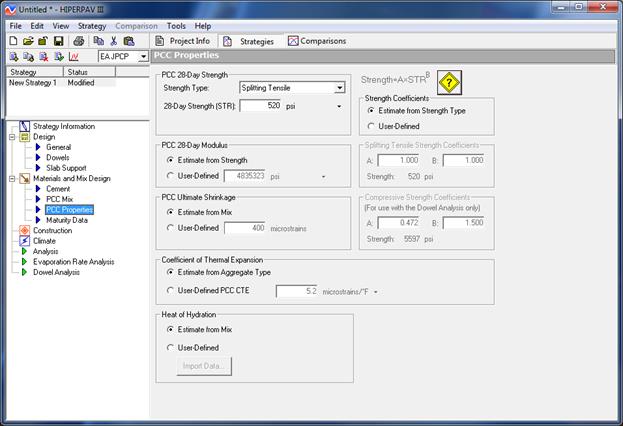 Figure 21. Screen Capture. PCC Properties window for early-age JPCP analysis. The PCC Properties window is shown to the right of the advanced table of contents, where PCC Properties is highlighted under the Materials and Mix Design section. Above the table of contents, a box lists the strategy and status. Inputs in the PCC Properties window are divided into numerous categories. PCC 28-Day Strength includes inputs for Strength Type and 28-Day Strength (STR). For the PCC 28-Day Modulus inputs, options are Estimate from Strength or User-Defined. For the PCC Ultimate Shrinkage inputs, options are Estimate from Mix or User-Defined. At the top right of the window, Strength Coefficients includes the option Estimate from Strength Type or User-Defined. A note above reads as follows: Strength equals A times STR raised to the power of B. An icon with a yellow diamond and question mark appears next to the equation. If strength coefficients are estimated, the Splitting Tensile Strength Coefficients and Compressive Strength Coefficients (For use with the Dowel Analysis only) are inactive. If active, each coefficient category includes A and B inputs and displays the calculated strength. At the bottom of the window, Coefficient of Thermal Expansion is either Estimate from Aggregate Type or User-defined PCC CTE. In the final category, Heat of Hydration is estimated from mix or user-Defined. If user-defined, the Import Data button becomes active.