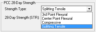 Figure 22. Screen Capture. List of options for Strength Type in PCC Properties window. In the PCC 28-Day Strength input category, options in the Strength Type drop-down menu are Third Point Flexural, Center Point Flexural, Compressive, or Splitting Tensile. 