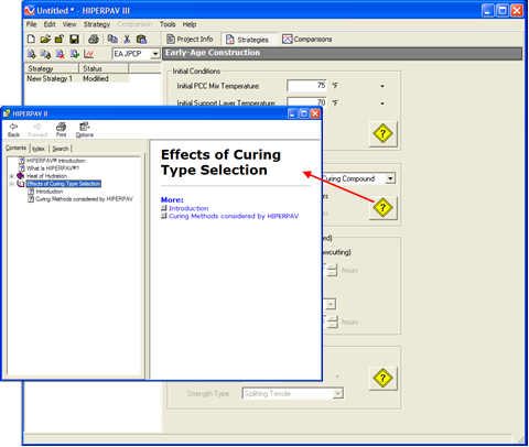 Figure 28. Screen Capture. Help window for curing. A red arrow indicates that clicking the icon with the yellow diamond and question mark in the Curing Method section of the Early-Age Construction window brings up another window. In the Help window, the Contents tab is shown. Effects of Curing Type Selection is highlighted. On the right half of the window text reads as follows: Effects of Curing Type Selection. More: Introduction. Curing Methods considered by HIPERPAV.