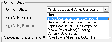 Figure 29. Screen Capture. Drop-down menu listing choices for curing methods. In the Curing Method input category, options in the Curing Method drop-down menu are None, Single Coat Liquid Curing Compound, Double Coat Liquid Curing Compound, Triple Count Liquid Curing Compound, Plastic (Polyethylene) Sheeting, Cotton Mats or Burlap, and Polyethylene Sheet and Cotton Mat.