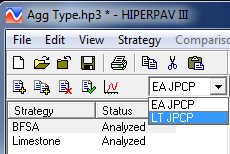 Figure 45. Screen Capture. Strategy type drop-down menu.  A closeup of the top left corner of the Strategies window is shown. The title of the file is seen in the border next to the HIPERPAV logo. Below the border is a tool bar with the following options listed from left to right: File, Edit, View, Strategy, and Comparison. Below this list is another toolbar with the following icons from left to right: blank white sheet of paper, an open file folder, a closed file folder, a floppy disk, a printer, two sheets of paper overlapping, scissors, and a clipboard. Below the icons are another set of icons including from left to right: single sheet of paper with a plus sign, two overlapping sheets of paper with a single plus sign, a single sheet of paper with an X, a single sheet of paper with a checkmark, and a chart. To the right of these icons is a cell with a drop-down menu; the following options are shown: EA JPCP and LT JPCP. LT JPCP is highlighted. Below the icons are listed strategy names and their status.