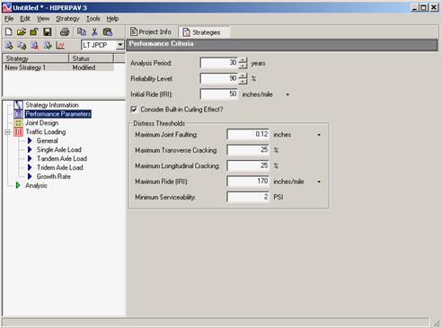 Figure 47. Screen Capture. Performance Parameters input window for long-term JPCP analysis. Inputs for the Performance Criteria window are shown to the right of a list of strategies that appears in a box above a list of accessible windows. Performance Parameters is highlighted in the list. The inputs are Analysis Period, Reliability Level, and Initial Ride (IRI). Units for each are years, percent, and inches per mile, respectively, with the latter having a drop-down menu option. Below these inputs is the option to Consider Built-in Curling Effect? Below that input is a group of more inputs titled Distress Thresholds. These inputs are Maximum Joint Faulting, Maximum Transverse Cracking, Maximum Longitudinal Cracking, Maximum Ride (IRI), and Minimum Serviceability. Units for each are inches (with a drop-down menu option), percent, percent, inches per mile (with a drop-down menu option), and psi, respectively. Example data fill the cells next to each input.