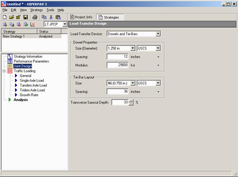 Figure 48. Screen Capture. Load-Transfer Design input window for long-term JPCP analysis. Inputs for the Load-Transfer Design window are shown to the right of a list of strategies that appears in a box above a list of accessible windows. Joint Design is highlighted in the list. The Load-Transfer Device input is listed first with a drop-down menu option. More inputs appear beneath the first. All but one are grouped in categories: Dowel Properties and Tie-Bar Layout. Inputs include Size (Diameter), Spacing, Modulus, Size, and Spacing, respectively. Inputs for Size in both categories include drop-down menu options for the value and the units. Unit inputs for Spacing and Modulus show inches and ksi, respectively, with drop-down-menu options. The last input is at the bottom: Transverse Sawcut Depth and the unit is percent. Example data fill the cells next to each input.