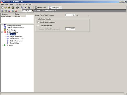 Figure 49. Screen Capture. General Traffic Loading window for long-term JPCP analysis. Inputs for the Traffic Loadingâ€”General window are shown to the right of a list of strategies that appears in a box above a list of accessible windows. General is highlighted in the list under Traffic Loading. The inputs are Mean Truck Tire Pressure with units of psi and a drop-down menu option. Below this input is a group of inputs titled Traffic Load Spectra and includes the options for User-Defined Spectra and Estimate Spectra. User-defined Spectra is selected.