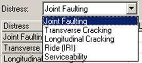 Figure 53. Screen Capture. Drop-down menu for distress to plot. The Distress option is shown with the list of choices available in the drop-down menu. The choices are Joint Faulting, Transverse Cracking, Longitudinal Cracking, Ride (IRI), and Serviceability. 