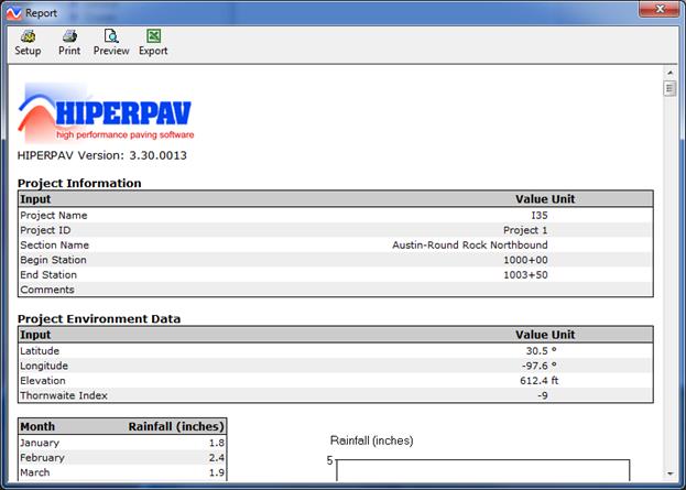 Figure 69. Screen Capture. HIPERPAV report window. This image shows the top half of a HIPERPAV report. The HIPERPAVÂ® logo and version number appear in the top left corner. Data shown are grouped in boxes under the following headings: Project Information and Project Environment Data. Input categories and values are listed.