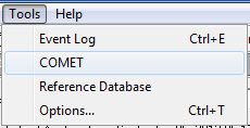 Figure 70. Screen Capture. Tools drop-down menu in HIPERPAVÂ®. Tools and Help appear at the top of the image. The options listed in the drop-down menu under Tools are shown. The options are Event Log, COMET, Reference Database, and Options. COMET is highlighted.