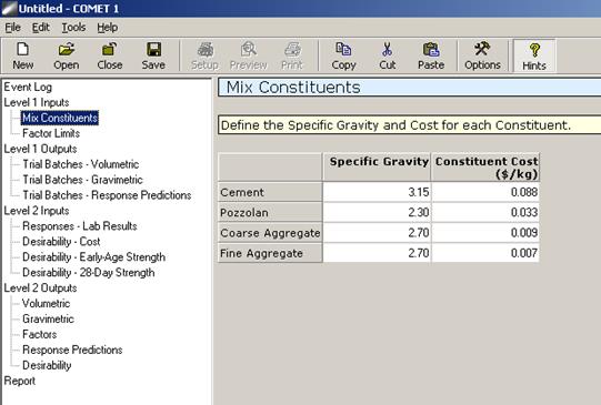 Figure 71. Screen Capture. Mix Constituents input window in COMET. The Mix Constituents input window is shown with an Event Log table of contents listed that appears to the left of the input window. Mix Constituents is highlighted in the log under Level 1 Inputs. A note appears at the top of the Mix Constituents window that reads as follows: Define the Specific Gravity and Cost for each Constituent. Beneath the note is a table with three columns and five rows. The cells in the first column have the following headings: Cement, Pozzolan, Coarse Aggregate, and Fine Aggregate. The first row for columns two and three has the headings: Specific Gravity and Constituent Cost (in dollars per kilogram). All other cells include example data.