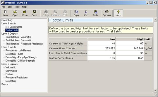 Figure 72. Screen Capture. Factor Limits input window in COMET. The Factor Limits input window is shown with an Event Log table of contents listed that appears to the left of the input window. Factor Limits is highlighted in the log under Level 1 Inputs. A note appears at the top of the Factor Limits input window that prompts the user to define limits for optimizing factors and alerts the user that these limits will be used to create proportions for trial batches. Beneath the note is a table with four columns and five rows. The cells in the first column and first row have the following headings: Coarse % Total Agg Weight, Cementitious Content, Pozzolan % Total Cementitious, and Water/Cementitious. The first row for columns two, three, and four has the headings: Low, High, and Unit. All other cells include example data.