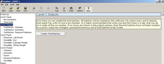 Figure 73. Screen Capture. Create trial batches command button in Level 1 Outputs. The Level 1 Outputs window is shown with an Event Log table of contents listed that appears to the left of the output window. Level 1 Outputs is highlighted in the log. A note appears at the top of the Level 1 Outputs window that reads as follows: From here you can create the trial batches. 29 batches will be created by the software; 25 unique ones, and 4 repeats. Each batch has a Mix ID and a Run Number. It is highly recommended that when you test the mixes in a lab, that you do so in order of the run number. If no mixes are shown in the output screens, then the trial batches have not been created, or a Level 1 input has changed, causing the previous set of trial batches to be invalid. Beneath the note is an icon labeled Create Trial Batches.