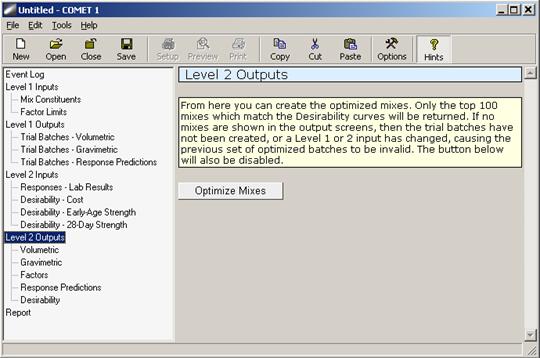 Figure 78. Screen Capture. Level 2 outputsâ€”command to optimize mixes. The Level 2 Outputs window is shown with an Event Log table of contents listed that appears to the left of the output window. Level 2 Outputs is highlighted in the log. A note appears at the top of the Level 2 Outputs window that reads as follows: From here you can create the optimized mixes. Only the top 100 mixes which match the Desirability curves will be returned. If no mixes are shown in the output screens, then the trial batches have not been created, or a Level 1 or 2 input has changed, causing the previous set of optimized batches to be invalid. The button below will also be disabled. Beneath the note is an icon labeled: Optimize Mixes.