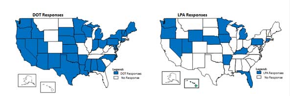 This figure includes two maps of the United States, with the one showing the States highlighted where the State transportation departments responded and the other shows States where the local public agencies responded.
