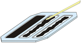 Figure 3. Illustration. Spreading asphalt to uncovered surfaces using a small spatula. In this figure, the universal simple aging test plate slots are loaded with asphalt binder, and the plate is placed on a hotplate at a temperature of approximately 120 °C. The illustration depicts how a small spatula is used to spread the asphalt uniformly from the wetted to unwetted portions of each slot. After spreading, the asphalt is allowed to settle evenly for several minutes at 120 °C. The procedure is performed under nitrogen to avoid undesirable oxidation effects.