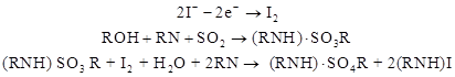 Figure 1. In this equation, the first line is two moles iodide losing two moles electrons to form one mole diatomic iodine. The second line is one mole R group with an alcohol reacting with one mole R group with a nitrogen reacting with one mole sulfur dioxide to form R group amine sulfur trioxide R group. The third line of the reaction equation is one mole R group amine sulfur trioxide R group reacting with one mole diatomic iodine and one mole water and one mole R group amine to form one mole R group amine sulfate R group and two moles R group amine iodine.