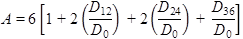 Figure 10. Equation. Definition of deflection basin area (A). A equals 6 times the quantity open bracket 1 plus 2 times the ratio of open parenthesis D subscript 12 to D subscript 0 closed parenthesis plus 2 times the ratio of open parenthesis D subscript 24 to D subscript 0 closed parenthesis plus the ratio D subscript 36 to D subscript 0 end quantity closed bracket.
