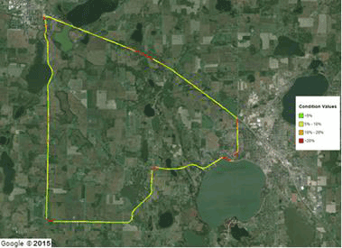 Figure 117. Map. Wright County 18-mi (29-km) loop TSD 36-inch (914.4-mm) sensor COV. This figure shows a color-coded Google® map of Wright County 18-mi (29-km) loop Traffic Speed Deflection (TSD) 36-inch (914.4-mm) sensor coefficient of variation (COV). The color index, which provides condition values, varies from green to red based on the total average COV of all runs. The majority of the loop has a COV between 0 to 10 percent, some portions have a COV between 10 and 20 percent, and a minor portion has a COV greater than 20 percent.