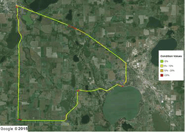 Figure 118. Map. Wright County 18-mi (29-km) loop TSD 24-inch (609.6-mm) sensor COV. This figure shows a color-coded Google® map of the Wright County 18-mi (29-km) loop Traffic Speed Deflectometer (TSD) 24-inch (609.6-mm) sensor coefficient of variation (COV). The color index, which provides condition values, varies from green to red based on the total average COV of all runs. The majority of the loop has a COV between 0 to 10 percent, some portions have a COV between 10 and 20 percent, and a minor portion (91has a COV greater than 20 percent.