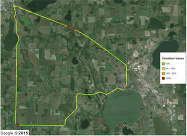 Figure 119. Map. Wright County 18-mi (29-km) loop TSD 12-inch (304.8-mm) sensor COV. This figure shows a color-coded Google<sup>®</sup> map of the Wright County 18-mi (29-km) loop Traffic Speed Deflectometer (TSD) 12-inch (304.8-mm) sensor coefficient of variation (COV). The color index, which provides condition values, varies from green to red based on the total average COV of all runs. The majority of the loop has a COV between 0 to 10 percent, some portions have a COV between 10 and 20 percent, and a minor portion of the loop has a COV greater than 20 percent.