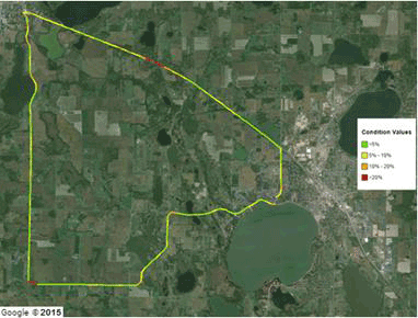 Figure 120. Map. Wright County 18-mi (29-km) loop TSD 8-inch (203.2 mm) sensor COV. This figure shows a color-coded Google<sup>®</sup> map of the Wright County 18-mi (29-km) loop Traffic Speed Deflectometer (TSD) 8-inch (508-mm) sensor coefficient of variation (COV). The color index, which provides condition values, varies from green to red based on the total average COV of all runs. The majority of the loop has a COV between 0 to 10 percent, and a minor portion of the loop has a COV between 10 and 20 percent.