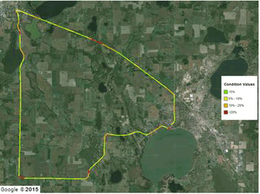 Figure 121. Map. Wright County 18-mi (29-km) loop TSD 4-inch (101.6-mm) sensor COV. This figure shows a color-coded Google<sup>®</sup> map of the Wright County 18-mi (29-km) loop Traffic Speed Deflectometer (TSD) 4-inch (101.6-mm) sensor coefficient of variation (COV). The color index, which provides condition values, varies from green to red based on the total average COV of all runs. The majority of the loop has a COV between 0 to 10 percent, some portions have a COV between 10 and 20 percent, and a minor portion has a COV greater than 20 percent.