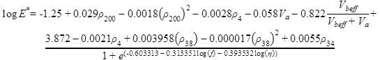 Figure 130. Equation. Witczak equation. Logarithm E star equals -1.25 plus 0.029 times rho subscript 200 minus 0.0018 times open parenthesis rho subscript 200 closed parenthesis raised to the power of 2 minus 0.0028 times rho subscript 4 minus 0.058 times V subscript a minus 0.822 times V subscript beff divided by the quantity of V subscript beff plus V subscript a, end quantity, plus the quantity of 3.872 minus 0.0021 times rho subscript 4 plus 0.003958 times open parenthesis rho subscript 38 closed parenthesis minus 0.000017 times open parenthesis rho subscript 38 closed parenthesis raised to the power of 2 plus 0.0055 times rho subscript 34, end quantity, divided by quantity of 1 plus e raised to the power of the quantity of open parenthesis -0.603313 minus 0.313351 times logarithm open parenthesis f closed parenthesis minus 0.393532 times logarithm open parenthesis eta, end quantity, end quantity closed parenthesis closed parenthesis.