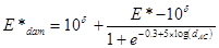 Figure 133. Equation. Existing modulus equation. E star subscript dam equals 10 raised to the power of delta plus the quantity of E star minus 10 raised to the power of delta, end quantity, divided by the quantity of 1 plus e raised to the power of the quantity of -0.3 plus 5 times logarithm open parenthesis d subscript AC closed parenthesis, end quantity, end quantity.