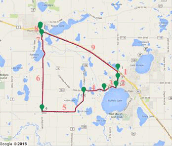 Figure 22. Map. Testing loop in Wright County, MN. This map shows the 18-mi (29-km) testing loop of the Minnesota Department of Transportationâ€™s roadway network in Wright County, MN. The loop is highlighted in red and separated into nine sections, which are labeled in a counter clockwise direction.