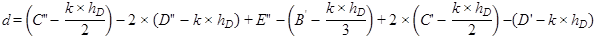 Figure 3. Equation. Deflection under wheel. d equals the quantity of open parenthesis C double prime minus the quantity of k times h subscript D divided by 2, end quantity, end quantity, closed parenthesis minus 2 times the quantity of open parenthesis D double prime minus the quantity of k times h subscript D, end quantity, end quantity, closed parenthesis plus E double prime minus the quantity of open parenthesis B prime minus the quantity of k times h subscript D divided by 3, end quantity, end quantity, closed parenthesis plus 2 times the quantity of open parenthesis C prime minus the quantity of k times h subscript D divided by 2, end quantity, end quantity, closed parenthesis minus the quantity of open parenthesis D prime minus the quantity of k times h subscript D, end quantity, end quantity closed parenthesis.