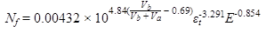 Figure 6. Equation. AI fatigue prediction. N subscript f equals 0.00432 times 10 raised to the power of 4.84 times the quantity of open parenthesis V subscript b divided by the quantity of V subscript b plus V subscript a, end quantity, minus 0.69, end quantity, closed parenthesis times epsilon subscript t raised to the power of -3.291 times E raised to the power of -0.854.