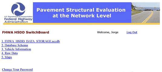 Figure 68. Screenshot. Database Web site homepage. This screenshot shows the home page of the Web site containing the project database. The title of the page is “Pavement Structural Evaluation at the Network Level.” There are five links: FHWA traffic-speed deflection device data storage.accdb, database schema, vehicle information, raw data, and maps.
