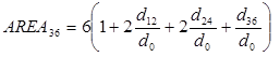 AREA subscript 36 equals 6 times the quantity sum of 1 plus the product of 2 times the quotient of d subscript 12 divided by d subscript 0, end quotient, end product, plus the product of 2 times the quotient of d subscript 24 divided by d subscript 0, end quotient, end product, plus the quotient of d subscript 36 divided by d subscript 0, end quotient, end product, end sum, end quantity.