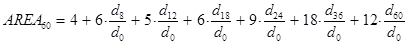 AREA subscript 60 equals the sum of 4 plus the product of 6 times the quotient of d subscript 8 divided by d subscript 0, end quotient, end product, plus 5 times the quotient of d subscript 12 divided by d subscript 0, end quotient, end product, plus 6 times the quotient of d subscript 18 divided by d subscript 0, end quotient, end product, plus 9 times the quotient of d subscript 24 divided by d subscript 0, end quotient, end product, plus 18 times the quotient of d subscript 36 divided by d subscript 0, end quotient, end product, plus 12 times the quotient of d subscript 60 divided by d subscript 0, end quotient, end product, end sum.