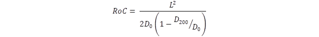 RoC equals the quotient of L squared divided by the product of 2D subscript 0 times the quantity the difference of 1 minus the quotient of D subscript 200 divided by D subscript 0, end quotient, end difference, end quantity, end quotient.