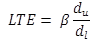 LTE equals product of Beta times the quotient of d subscript u divided by d subscript 1, end quotient, times 100, end product.